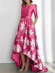 Elegant A Line Boat Neck Printed Flower Asymmetrical Mother Of The Bride Groom Dresses