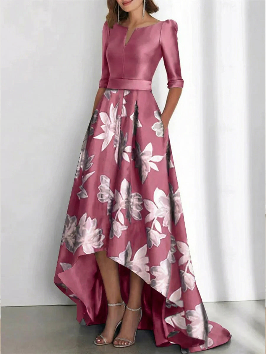 Elegant A Line Boat Neck Printed Flower Asymmetrical Mother Of The Bride Groom Dresses