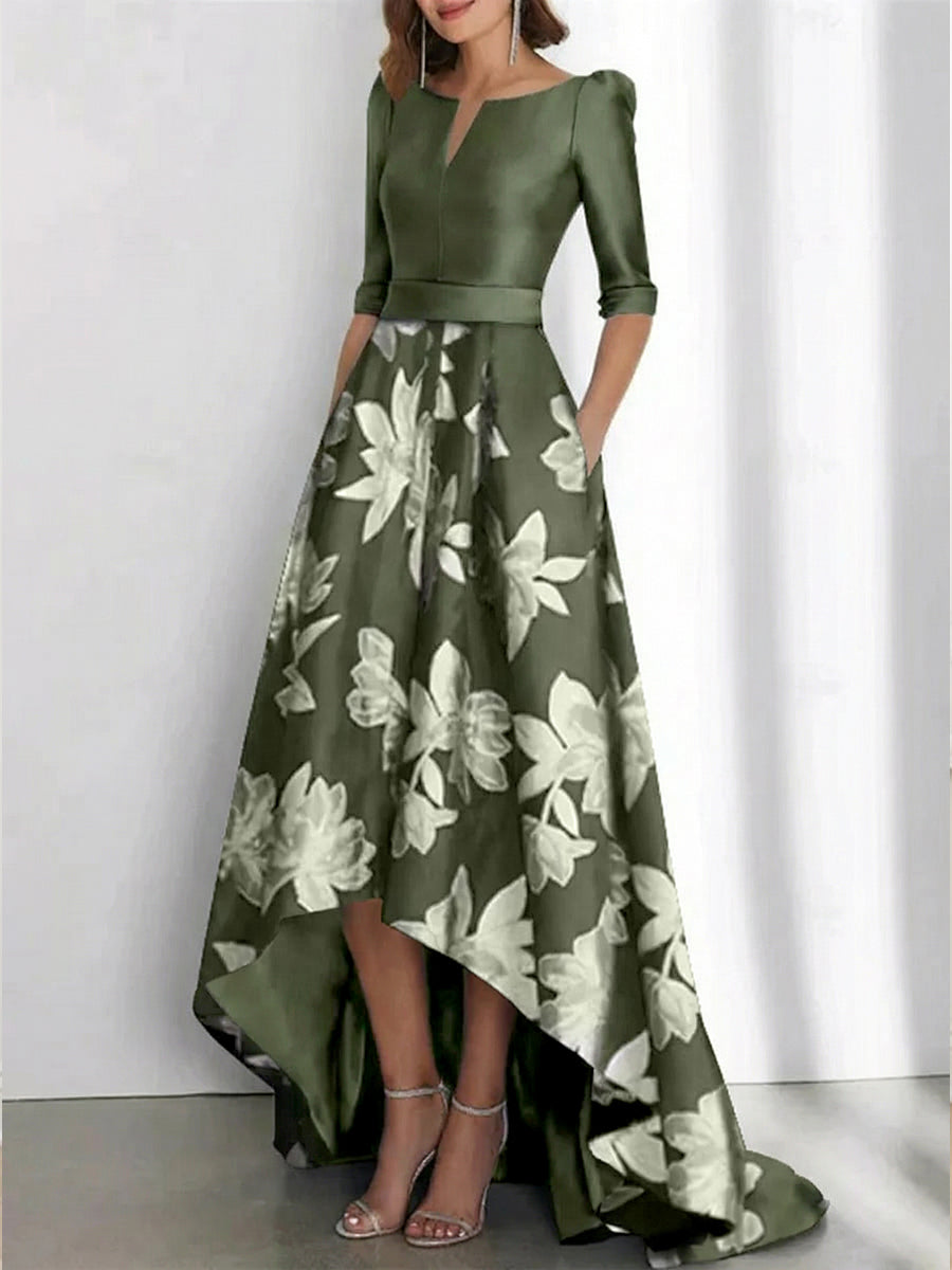Elegant A Line Boat Neck Printed Flower Asymmetrical Mother Of The Bride Groom Dresses