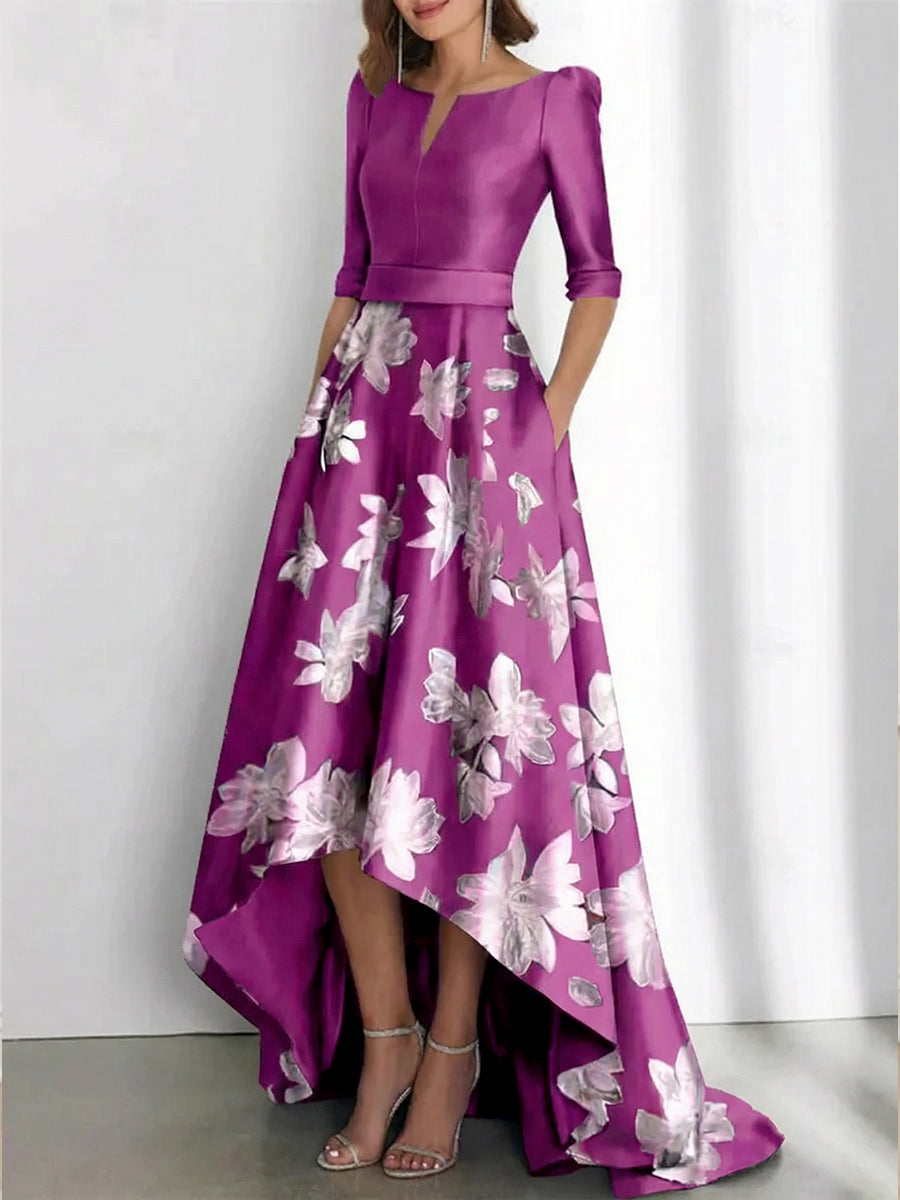 Elegant A Line Boat Neck Printed Flower Asymmetrical Mother Of The Bride Groom Dresses