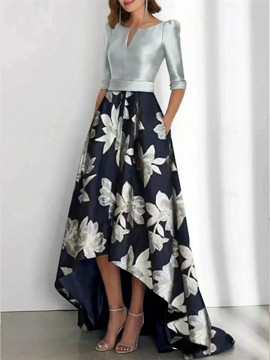 Elegant A Line Boat Neck Printed Flower Asymmetrical Mother Of The Bride Groom Dresses