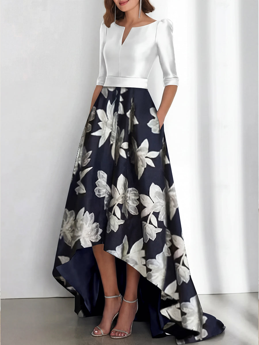 Elegant A Line Boat Neck Printed Flower Asymmetrical Mother Of The Bride Groom Dresses