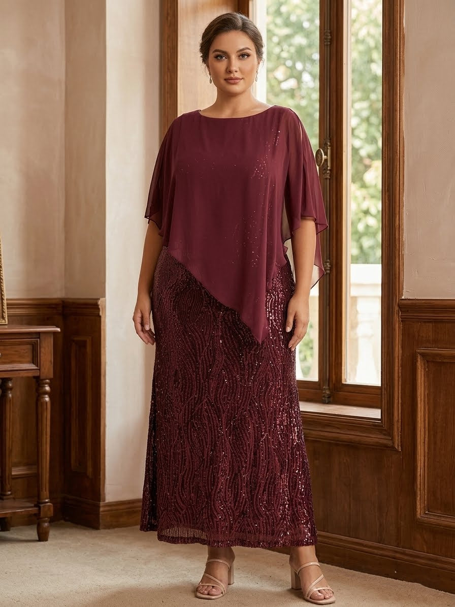 A Line Princess Scoop Half Sleeves Ankle Length Sequined Plus Size Mother Of E Bride Dresses With Wrap