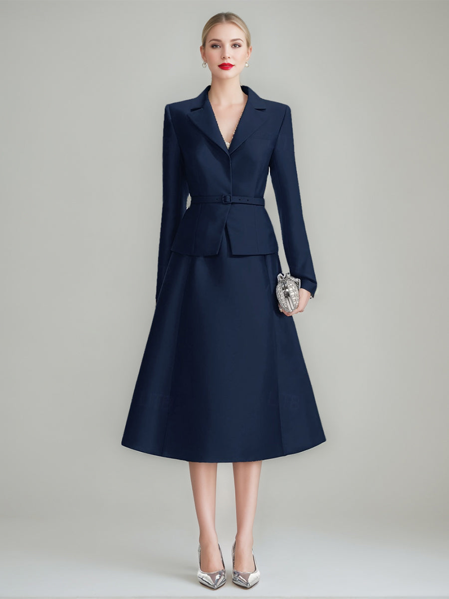 A Line Princess V Neck Long Sleeves Tea Length Mother Of The Bride Groom Dresses With Belt