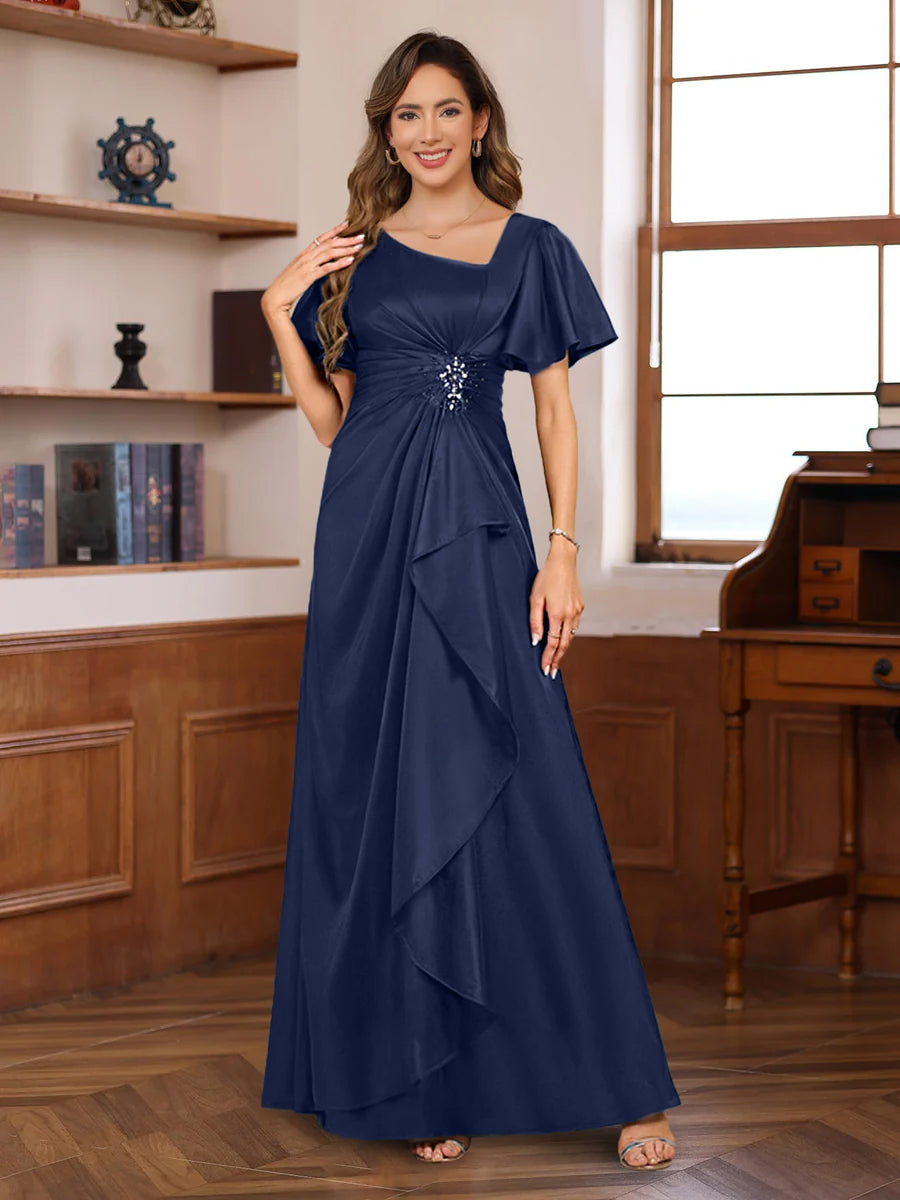 A Line V Neck Short Sleeves Floor Length Luxurious Mother Of The Bride Dresses With Beadings Sequins