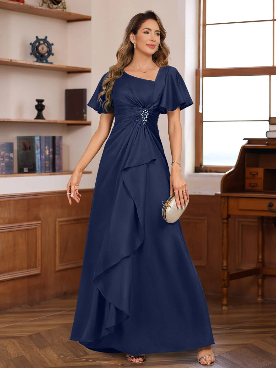 A Line V Neck Short Sleeves Floor Length Luxurious Mother Of The Bride Dresses With Beadings Sequins
