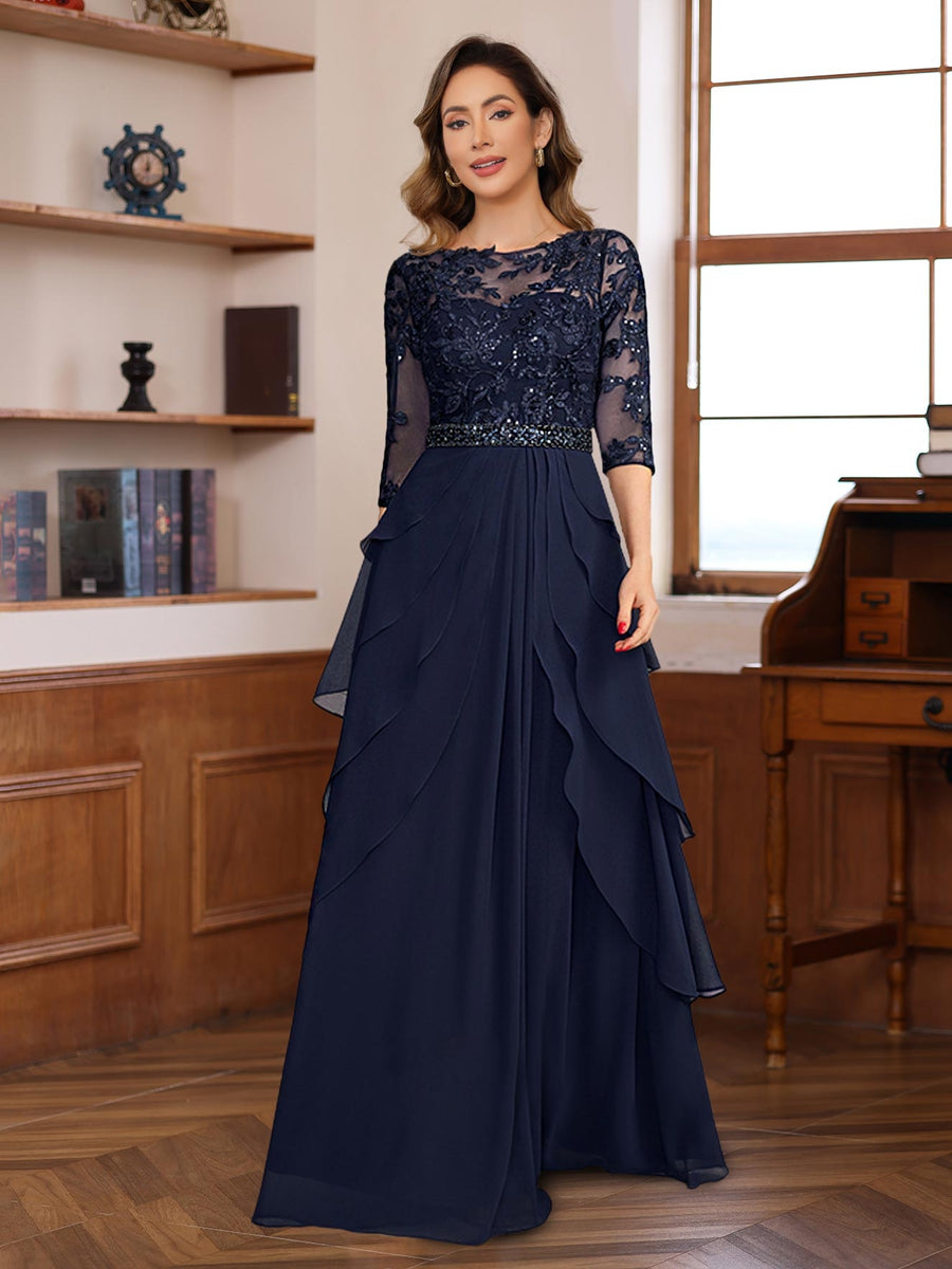 A Line Princess 3 4 Sleeves Floor Length Elegant Mother Of The Bride Groom Dresses With Lace Appliques Ruffles