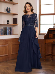 A Line Princess 3 4 Sleeves Floor Length Elegant Mother Of The Bride Groom Dresses With Lace Appliques Ruffles