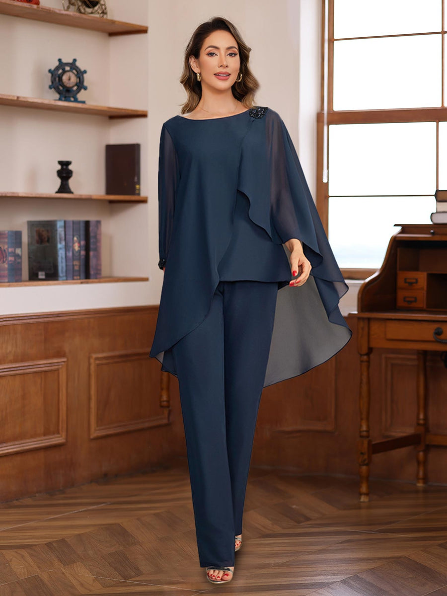 2 Pieces Chiffon Round Neck Floor Length Mother Of The Bride Pantsuits With Ruffles Sequins Beading