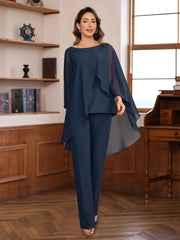 2 Pieces Chiffon Round Neck Floor Length Mother Of The Bride Pantsuits With Ruffles Sequins Beading