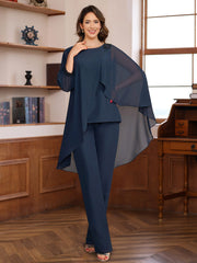2 Pieces Chiffon Round Neck Floor Length Mother Of The Bride Pantsuits With Ruffles Sequins Beading