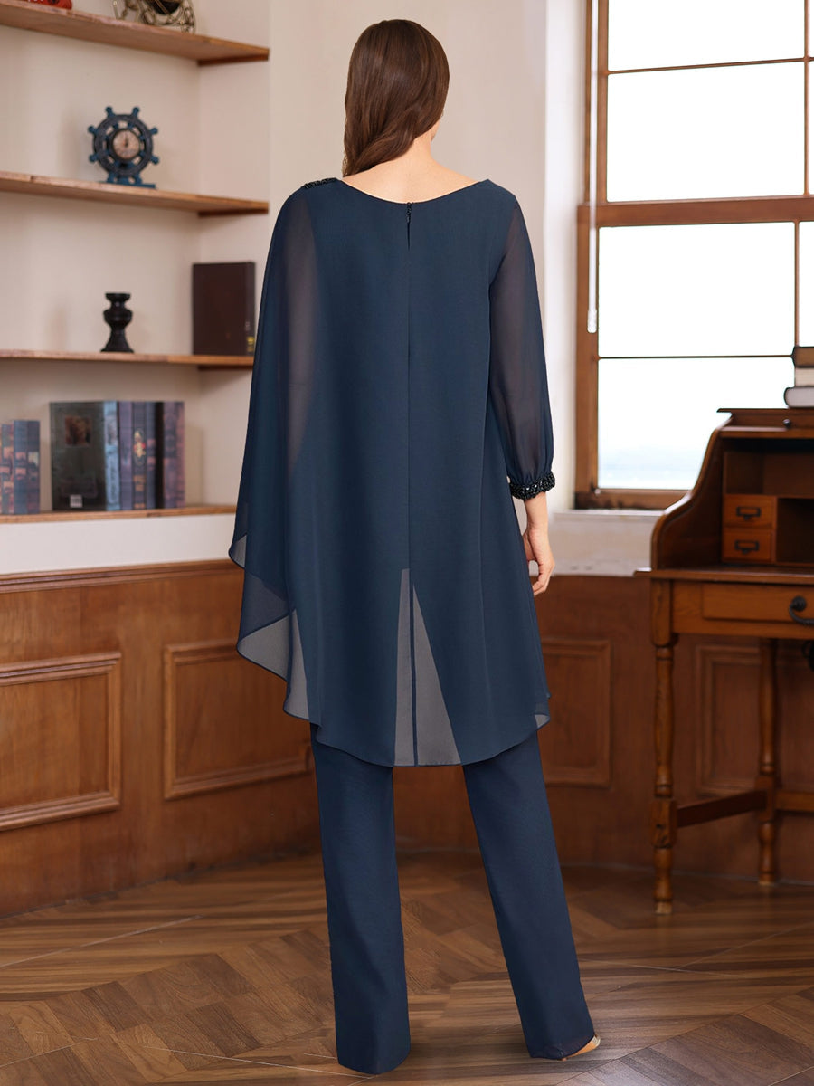 2 Pieces Chiffon Round Neck Floor Length Mother Of The Bride Pantsuits With Ruffles Sequins Beading