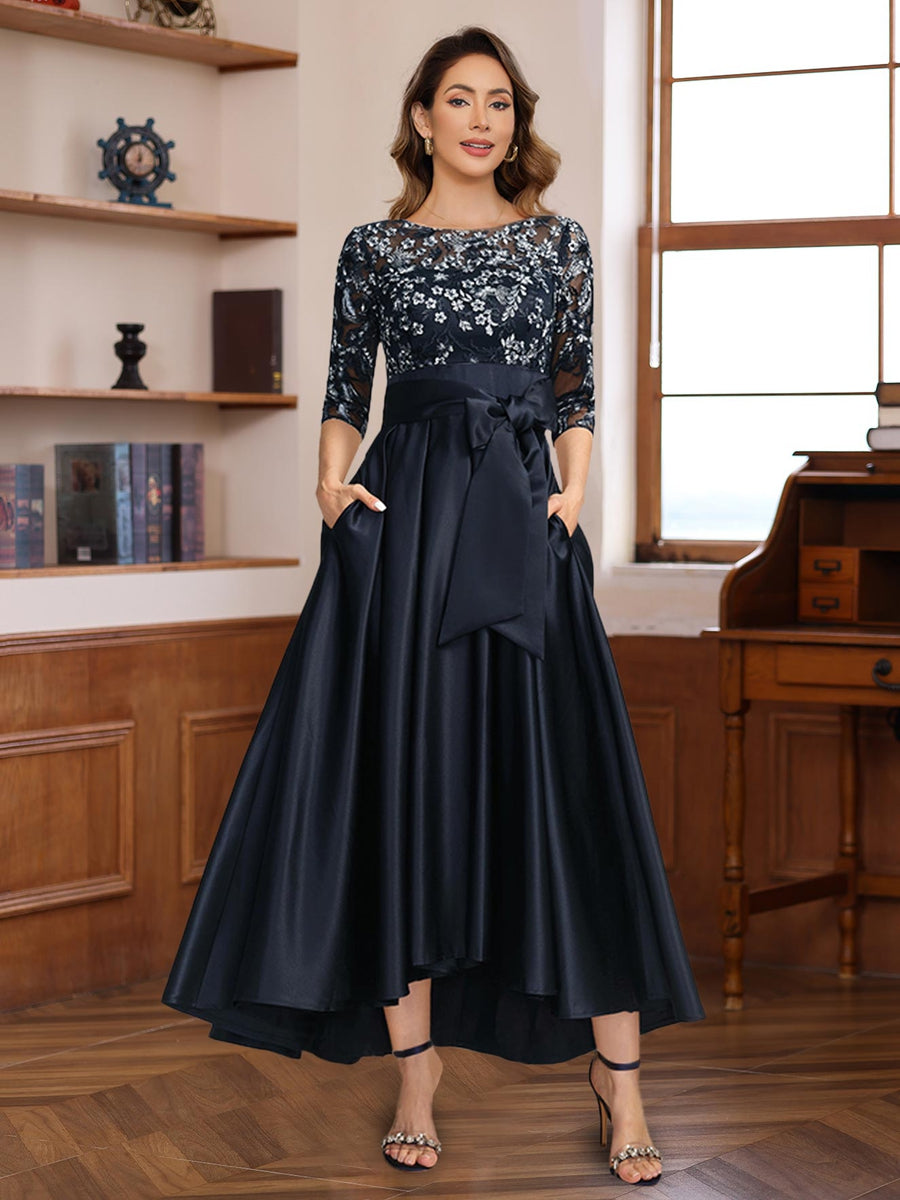 A Line 3 4 Sleeves Asymmetrical Lace Mother Of The Bride Groom Dresses With Appliques Bow Belt