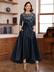 A Line 3 4 Sleeves Asymmetrical Lace Mother Of The Bride Groom Dresses With Appliques Bow Belt