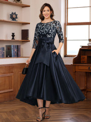 A Line 3 4 Sleeves Asymmetrical Lace Mother Of The Bride Groom Dresses With Appliques Bow Belt