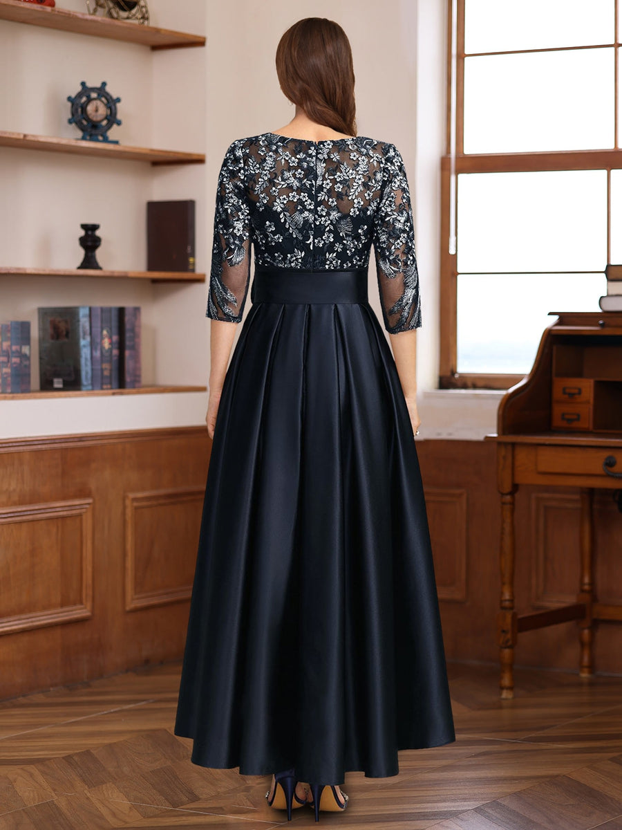 A Line 3 4 Sleeves Asymmetrical Lace Mother Of The Bride Groom Dresses With Appliques Bow Belt