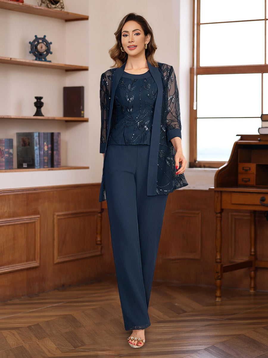 3 Pieces Chiffon Round Neck Floor Length Mother Of The Bride Pantsuits With Sequins