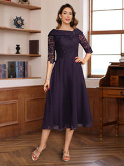 A Line Princess V Neck Half Sleeves Tea Length Mother Of The Bride Groom Dresses With Lace Appliques