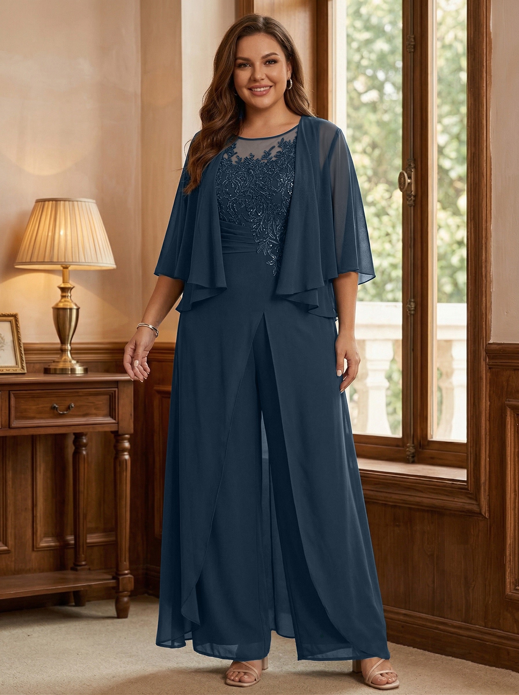 A Line Princess Scoop Floor Length Plus Size Mother Of The Bride Jumpsuits With Jacket Split Side Appliques