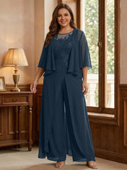 A Line Princess Scoop Floor Length Plus Size Mother Of The Bride Jumpsuits With Jacket Split Side Appliques