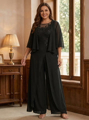 A Line Princess Scoop Floor Length Plus Size Mother Of The Bride Jumpsuits With Jacket Split Side Appliques