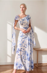 A Line Princess V Neck Pleated Printed Floral Mother Of The Bride Dresses With Ruffles 3D Flower