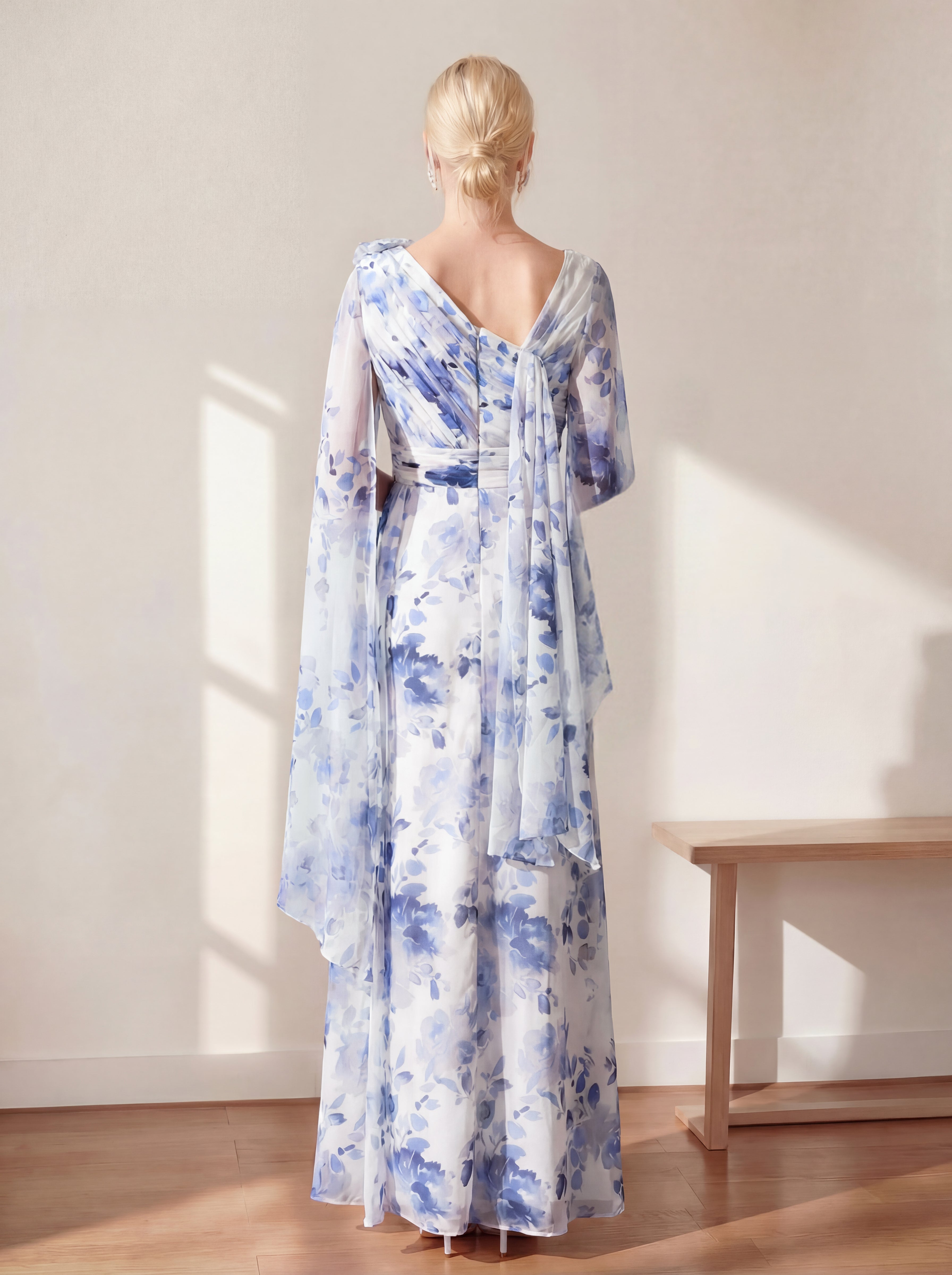 A Line Princess V Neck Pleated Printed Floral Mother Of The Bride Dresses With Ruffles 3D Flower