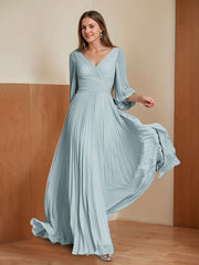 A Line Princess V Neck 3 4 Sleeves Pleated Chiffon Chic Mother Of The Bride Groom Dresses