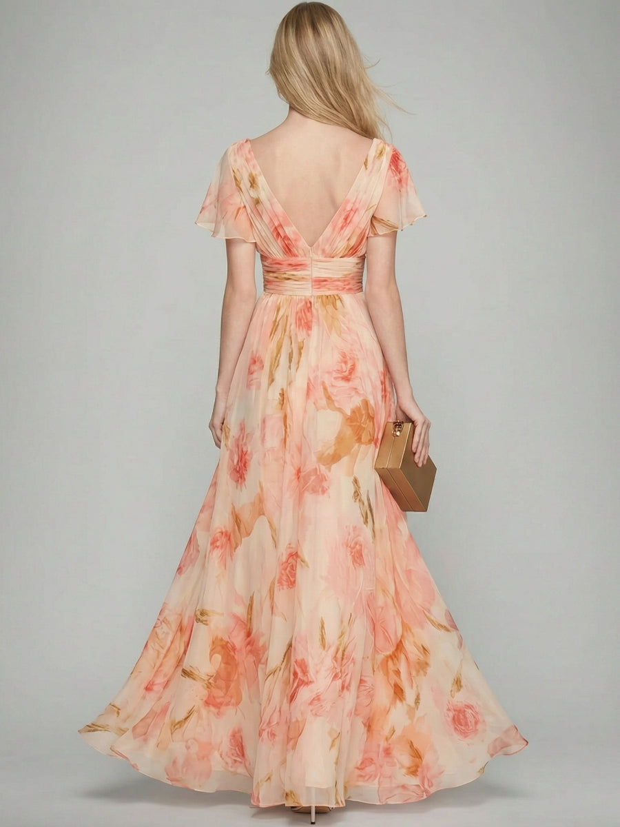 A Line Princess V Neck Short Sleeves Printed Floral Mother Of The Bride Dresses With Ruffles