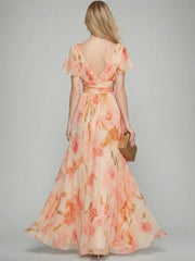 A Line Princess V Neck Short Sleeves Printed Floral Mother Of The Bride Dresses With Ruffles