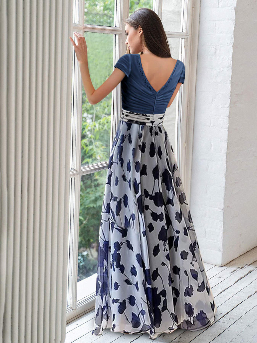 A Line Princess V Neck Short Sleeves Mother Of The Bride Dresses With Flower Ruches