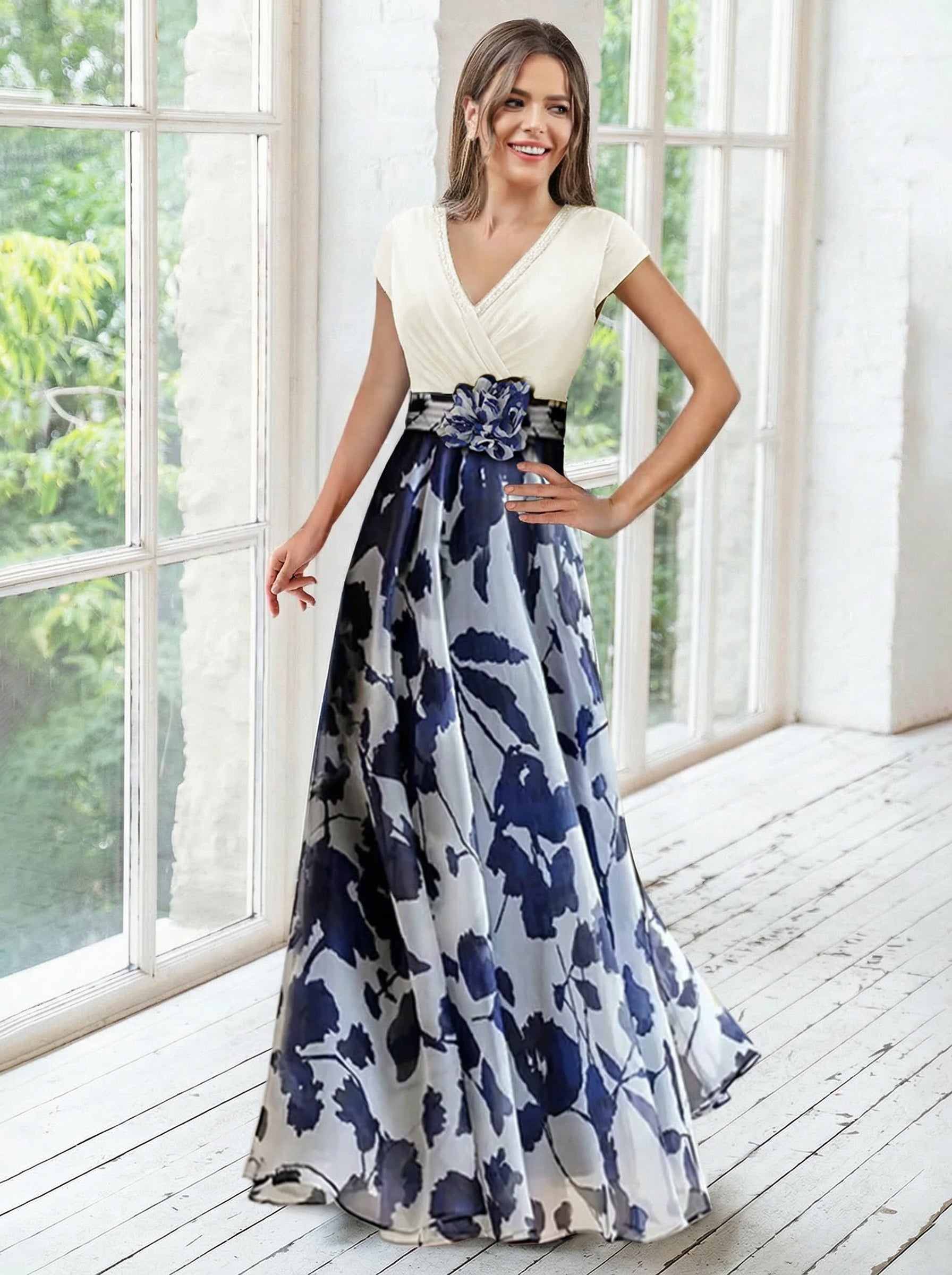 A Line Princess V Neck Short Sleeves Mother Of The Bride Dresses With Flower Ruches