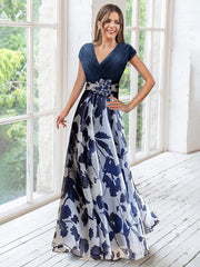 A Line Princess V Neck Short Sleeves Mother Of The Bride Dresses With Flower Ruches
