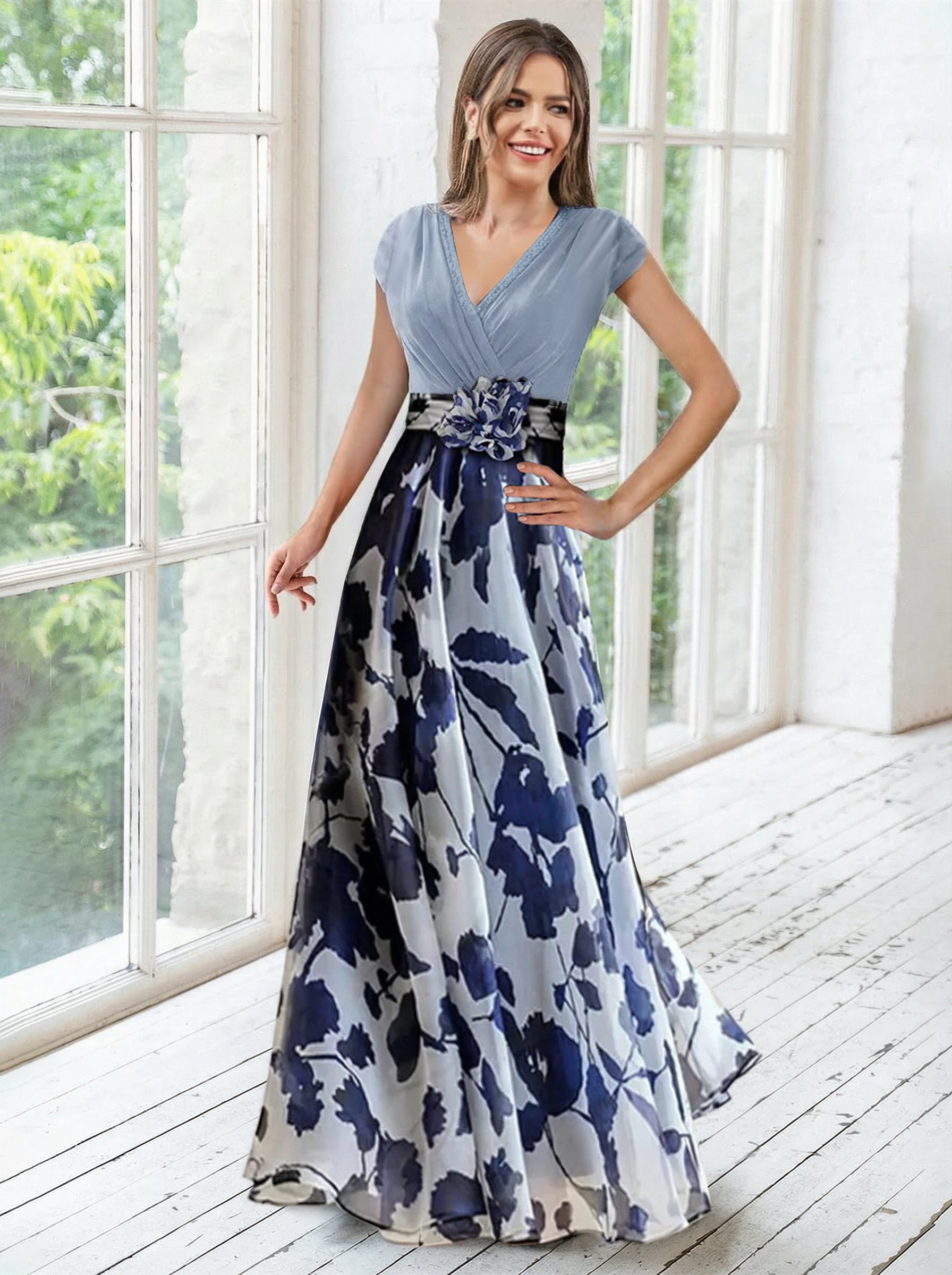 A Line Princess V Neck Short Sleeves Mother Of The Bride Dresses With Flower Ruches