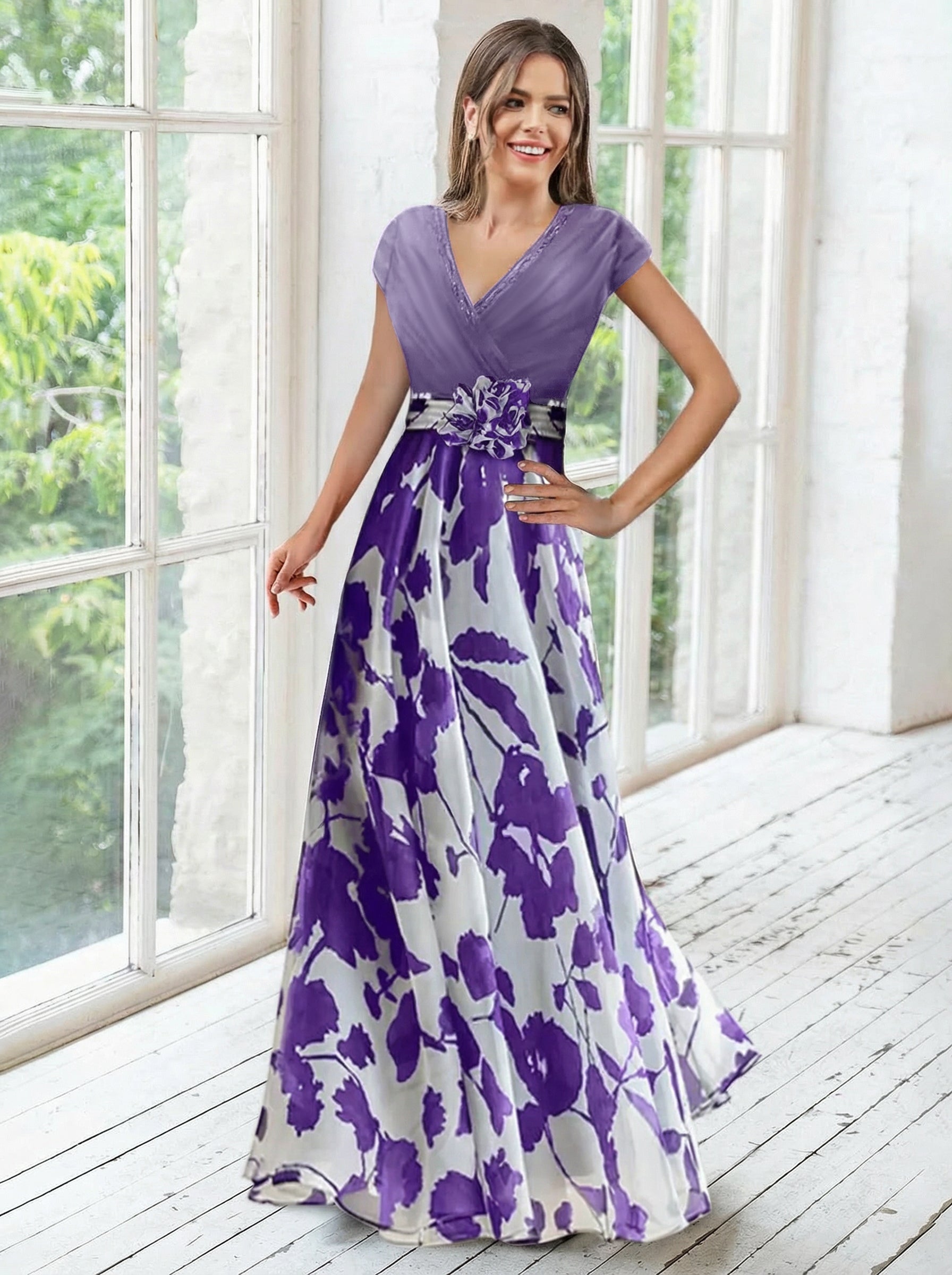 A Line Princess V Neck Short Sleeves Mother Of The Bride Dresses With Flower Ruches