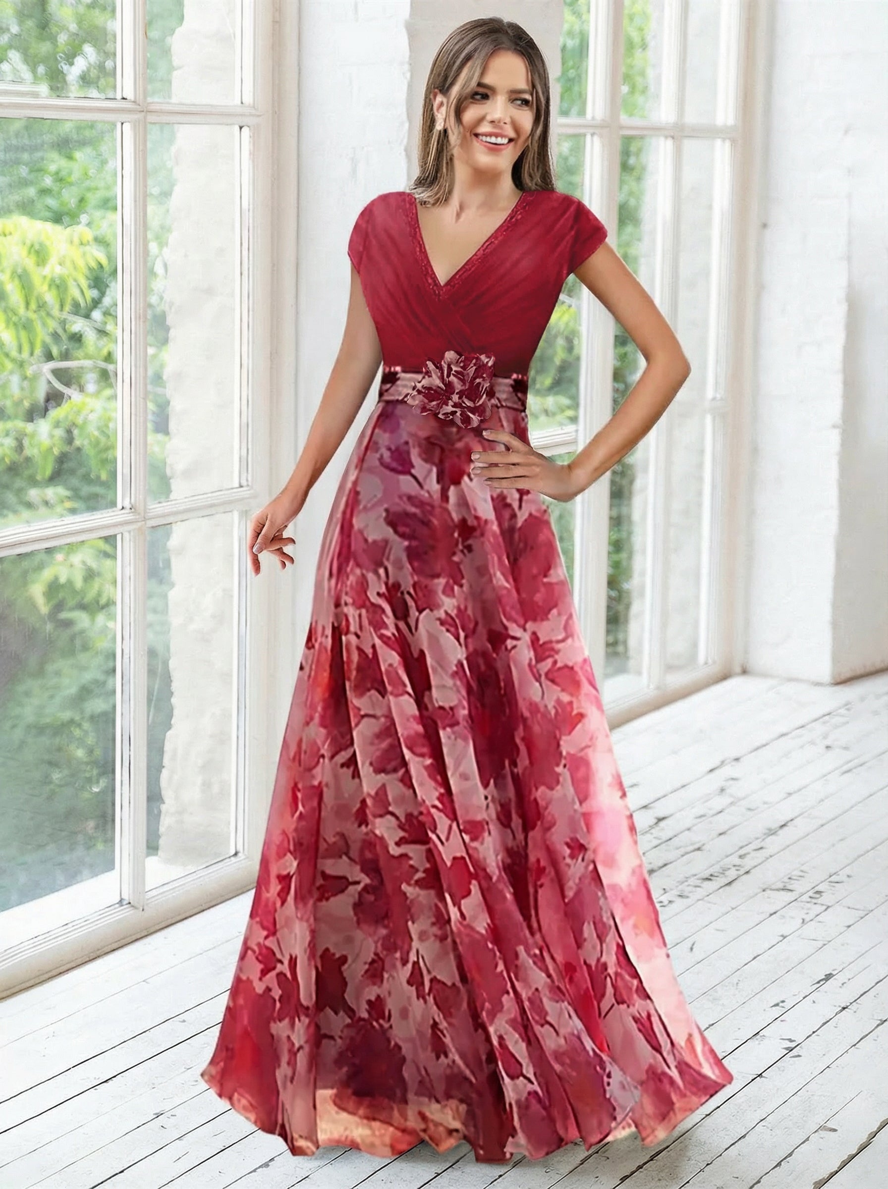 A Line Princess V Neck Short Sleeves Mother Of The Bride Dresses With Flower Ruches