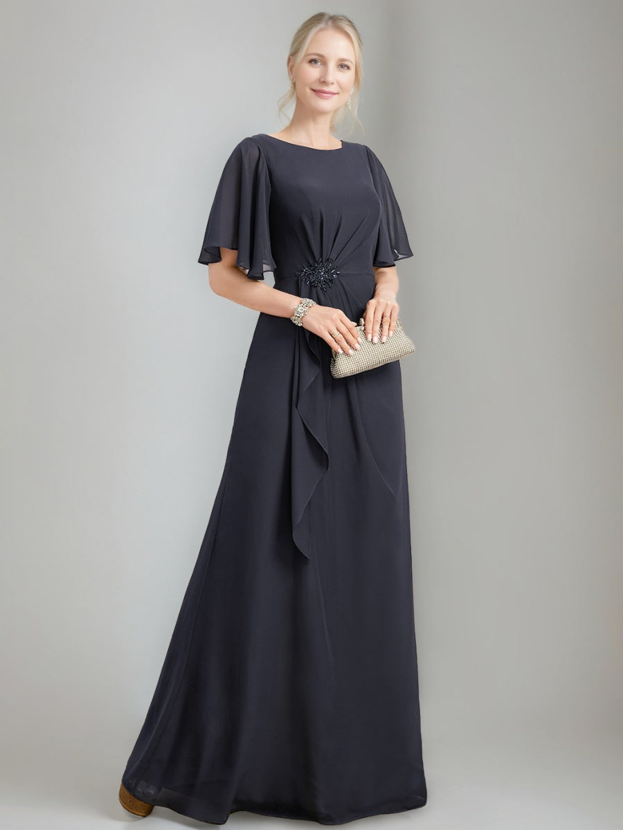 A Line Princess Jewel Neck Ruched Floor Length Mother Of The Bride Dresses With Ruffles Crystals Beads