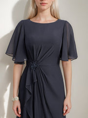 A Line Princess Jewel Neck Ruched Floor Length Mother Of The Bride Dresses With Ruffles Crystals Beads