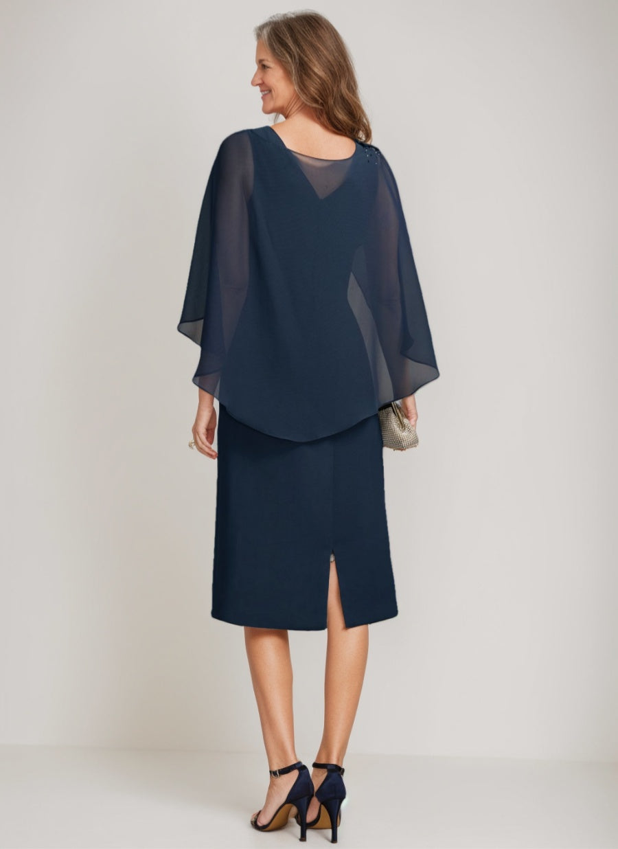 Sheath Column Jewel Neck Tea Length Mother Of The Bride Dresses With Detachable Cape Ruffles Beads