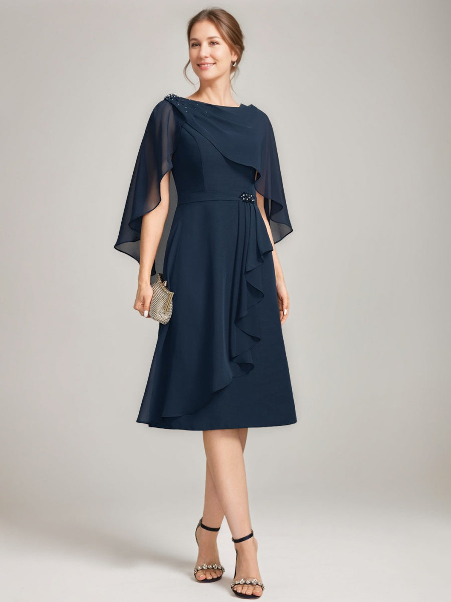 Sheath Column Jewel Neck Tea Length Mother Of The Bride Dresses With Detachable Cape Ruffles Beads