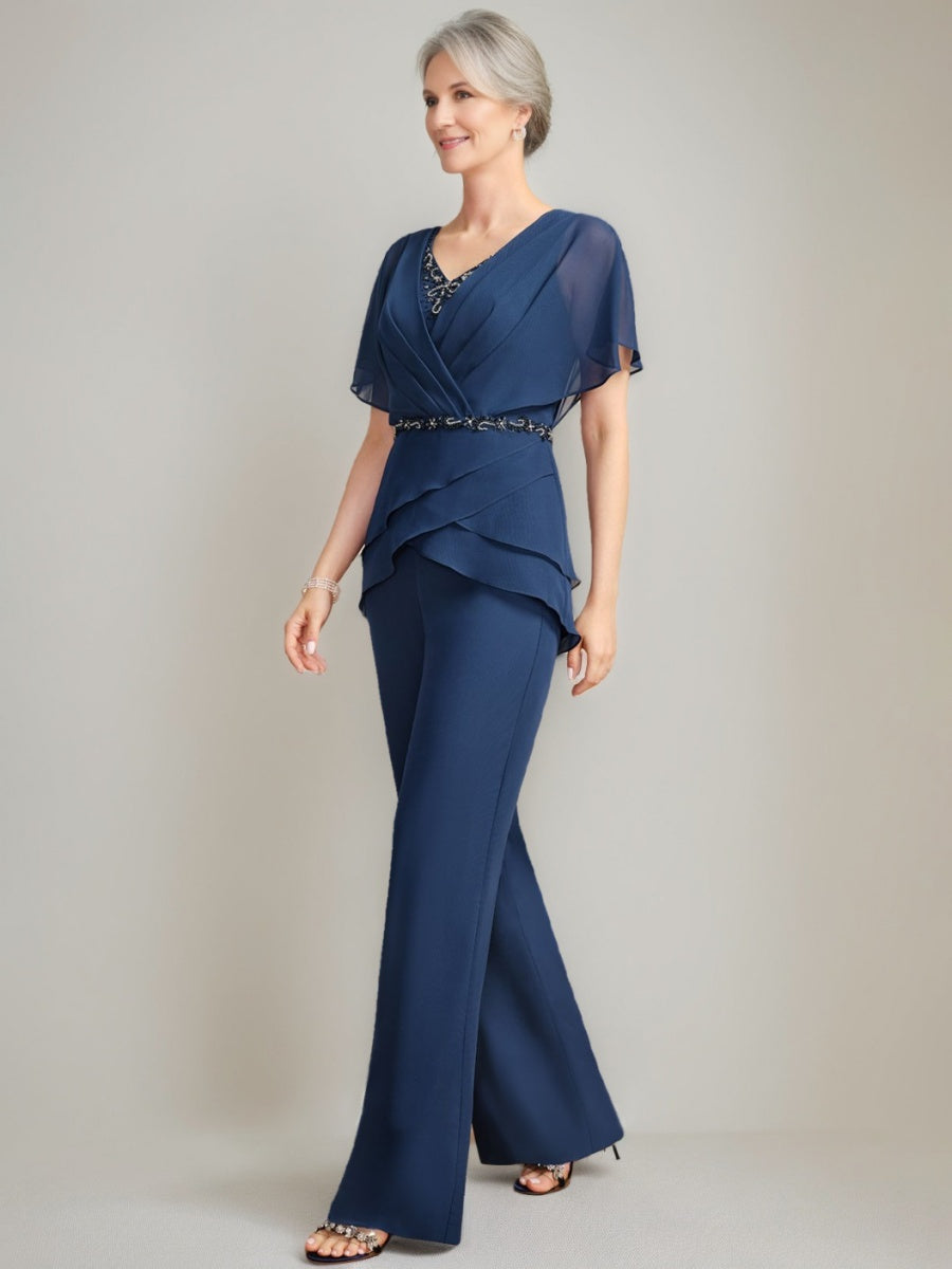 2 Pieces V Neck Ruched Flutter Sleeves Floor Length Beading Mother Of The Bride Pantsuits