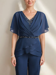 2 Pieces V Neck Ruched Flutter Sleeves Floor Length Beading Mother Of The Bride Pantsuits