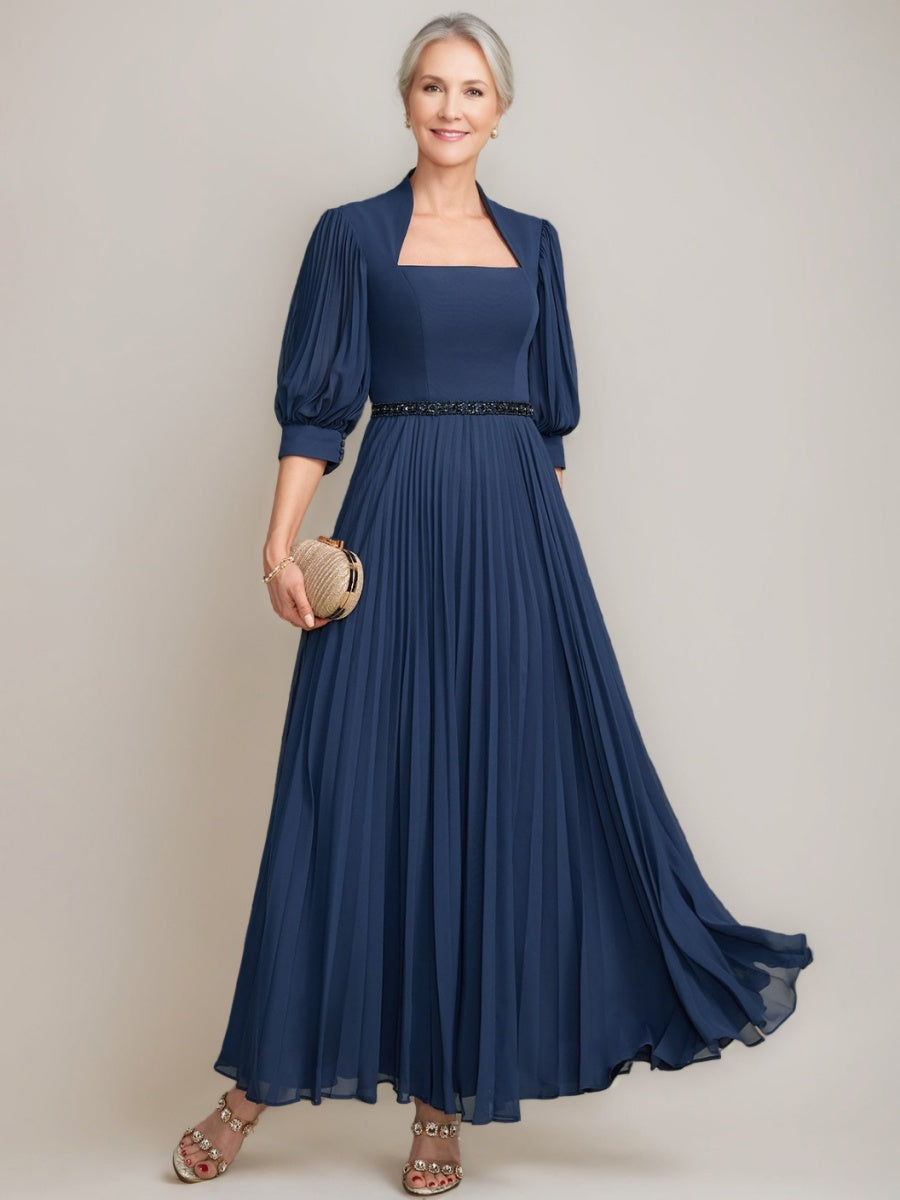 A Line Princess Queen Anne Neckline Ankle Length Pleated Mother Of The Bride Dresses With Sequins Beads