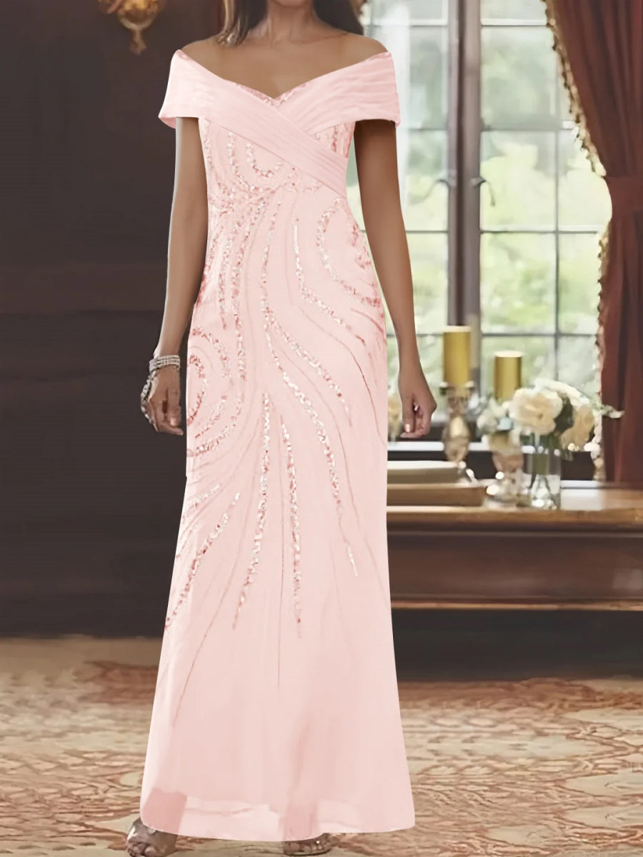 Sheath Column Off The Shoulder Floor Length Mother Of The Bride Dresses With Sequins Beading