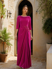 Sheath Column Cowl Neck 3 4 Sleeves Floor Length Mother Of The Bride Dresses With Tulle Sash Slit Jewel Appliques