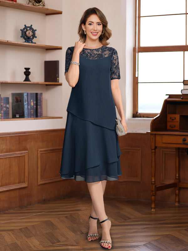 A Line Princess Jewel Neck Short Sleeves Knee Length Mother Of The Bride Groom Dresses With Ruffles Lace Appliques Sequins