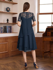 A Line Princess Jewel Neck Short Sleeves Knee Length Mother Of The Bride Groom Dresses With Ruffles Lace Appliques Sequins