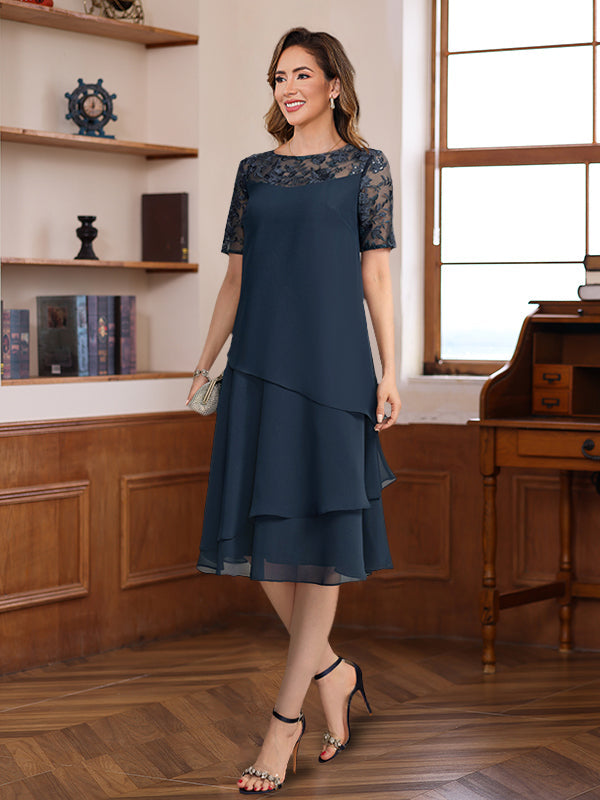 A Line Princess Jewel Neck Short Sleeves Knee Length Mother Of The Bride Groom Dresses With Ruffles Lace Appliques Sequins
