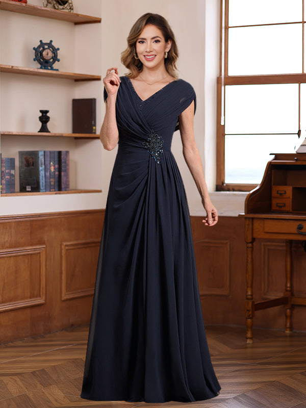 A Line Princess V Neck Ruched Floor Length Pleated Mother Of The Bride Groom Dresses With Jewel Appliques Sequins