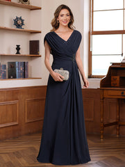A Line Princess V Neck Ruched Floor Length Pleated Mother Of The Bride Groom Dresses With Jewel Appliques Sequins